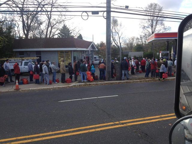 Long lines for gas in New Jersey yesterday.